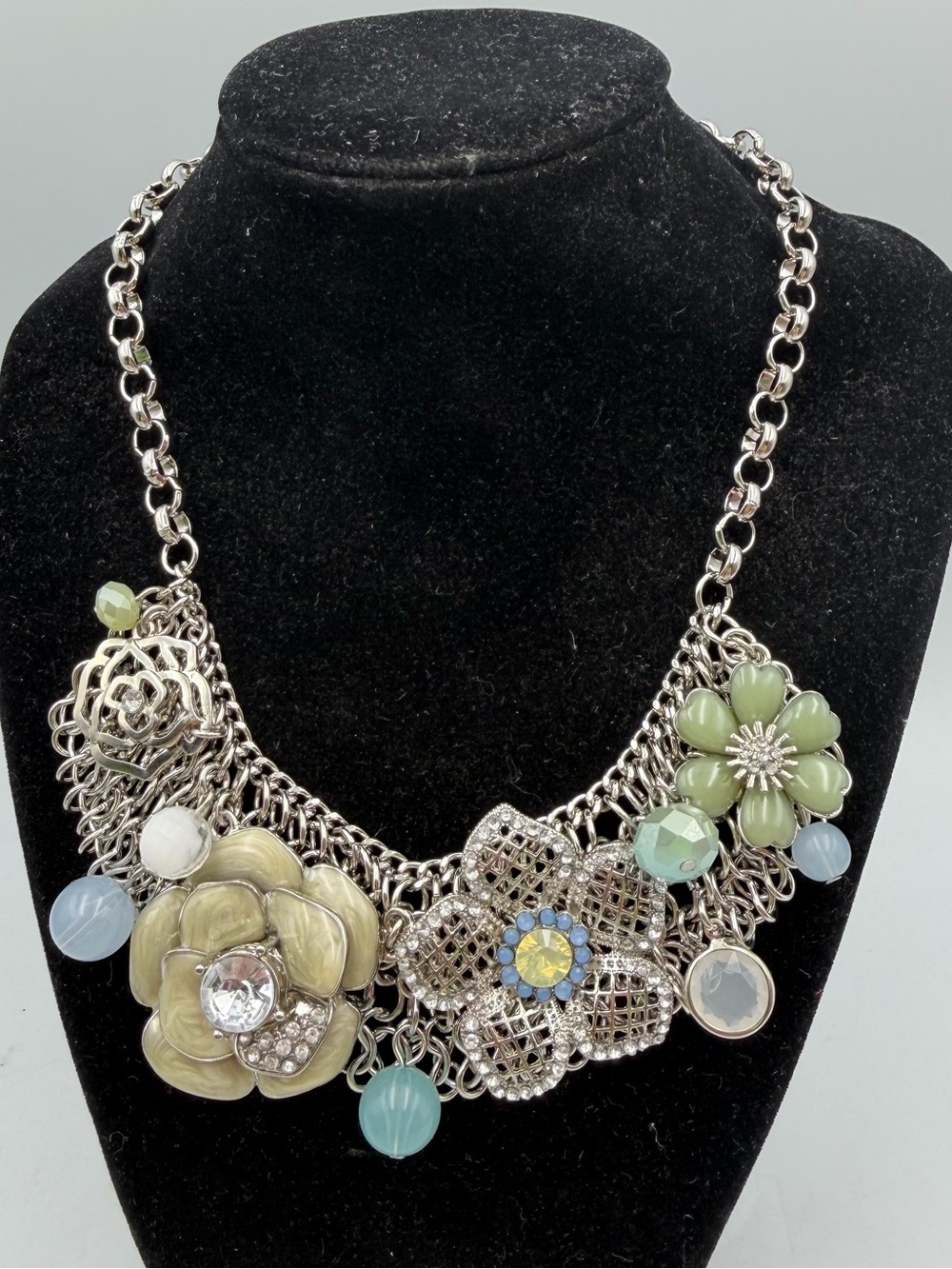 Floral Statement Bib Necklace Silver Tone Rhinestones Pastel Beads 19"